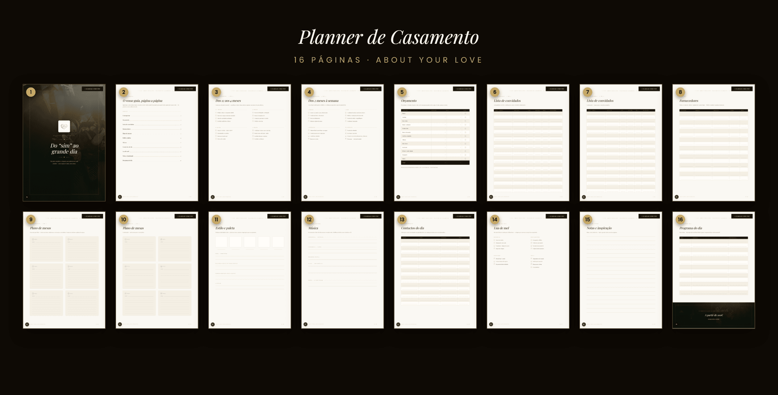 Pré-visualização das 16 páginas do planner em PDF